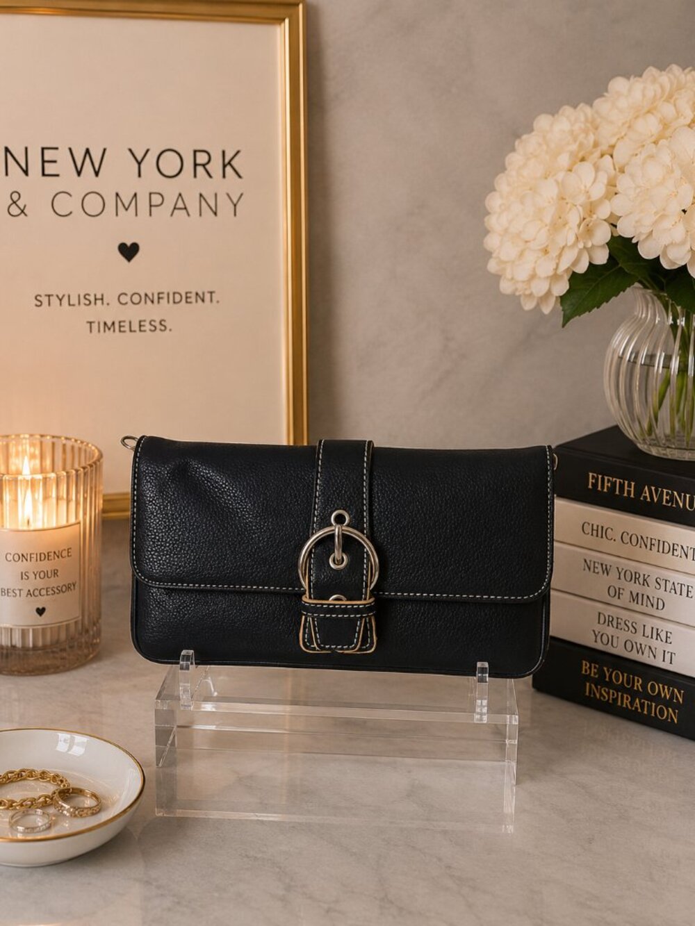 Vintage New York & Company Black Pebbled Wristlet Clutch Buckle Y2K